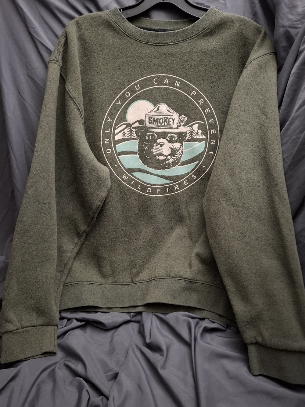 Lone Rock Smokey The Bear Graphic  Crewneck Sweatshirt - Olive Green